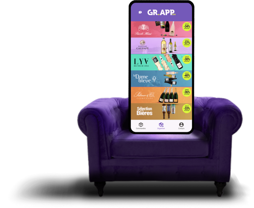 Un smartphone qui présente l'application GR.APP & CO, le tout sur un fauteuil violet